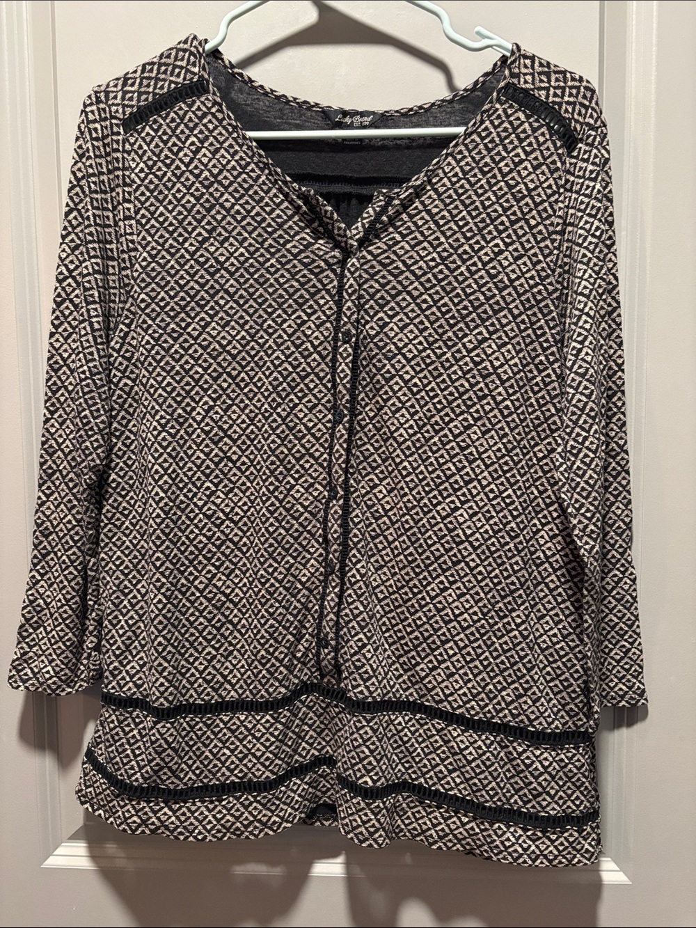 Lucky Brand Black Cream Linen Blend Boho Button Blouse Top Large Y2k